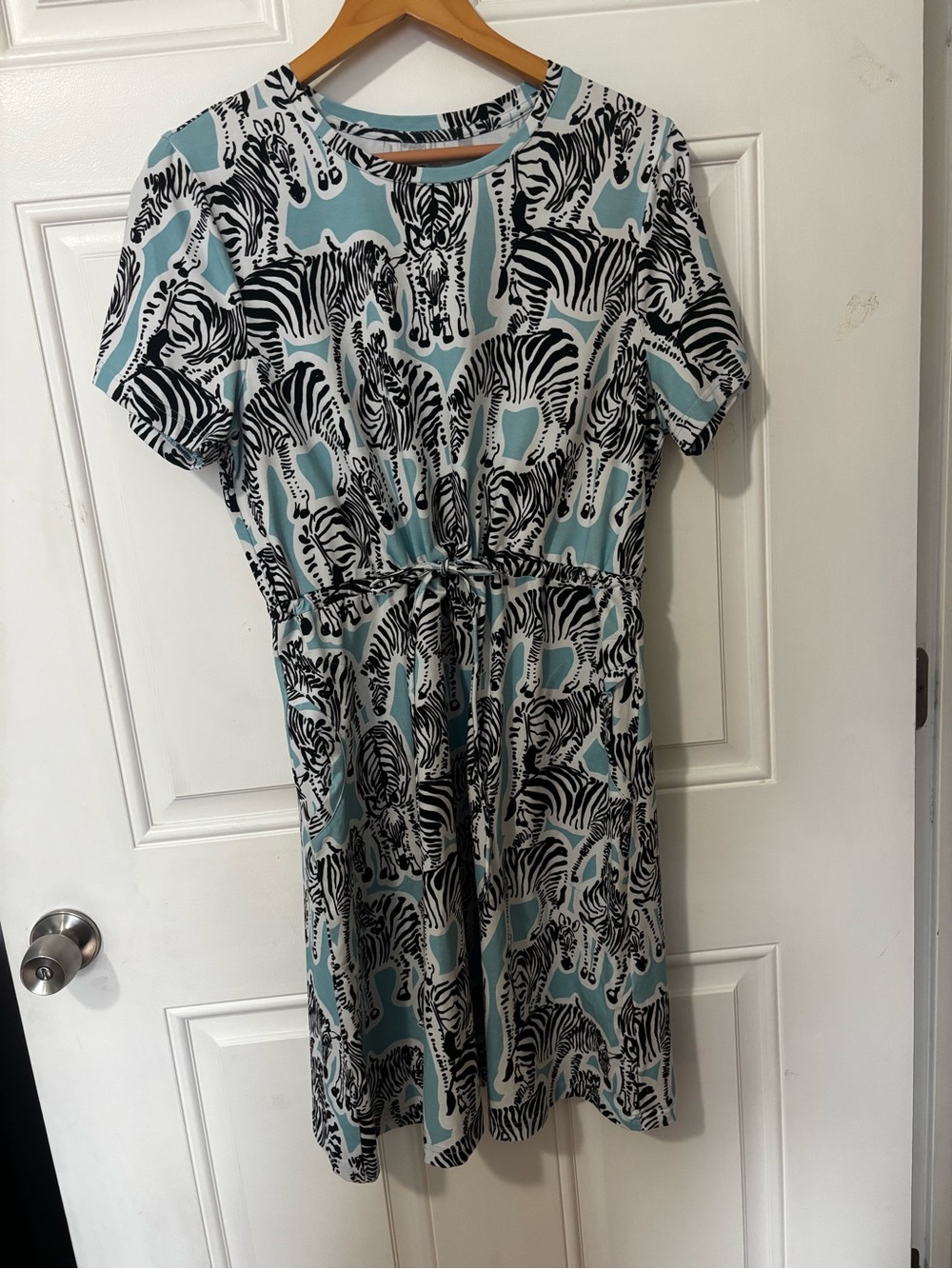 Lesley Evers xl zebra print dress short sleeve stretch drawstring turquoise bold